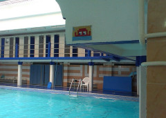 Piscine située 160 rue Oberkampf - Français :  Space Invader sous la forme d'animal aquatique à la piscine Oberkampf, Paris