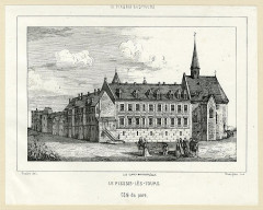 Château du Plessis-lès-Tours - English:  View of the Royal Château de Plessis-lèz-Tours, from the park, with figures on the foreground walking towards the left, including two children with a dog; illustration to 'Tableaux chronologiques de l'histoire de Touraine' (Tours: Clarey-Martineau, 1841). 
Lithograph
