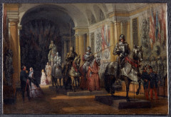 Musée de l'armée - Français : Auguste Mathieu, Salle des armures du musée d’Artillerie à Saint-Thomas d’Aquin à Paris, v. 1860, huile sur toile, musée de l’Armée, Paris. Ce tableau d’Auguste Mathieu, artiste connu pour ses vues d’intérieurs d’églises, permet d’illustrer l’histoire des collections et particulièrement celle du musée d’Artillerie lorsqu’il était installé dans le couvent de Saint-Thomas d’Aquin, à Paris, avant son installation aux Invalides en 1871. Le tableau montre la galerie des armures décrite un article consacré au musée d’Artillerie publié dans « L’Illustration » en 1846.