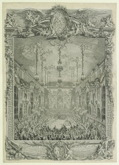 Grandes Ecuries - Français : Sujet : Scènes historiques -- 1701-1788 [Decoration du Bal paré donné par le Roi Le XXIV Fevrier M.D.CCXLV, a l'occasion du Mariage de Louis Dauphin de France avec Marie Therese, Infante d'Espagne, dans la même salle de spectacle construite au Manège couvert de la grande Ecurie] Référence bibliographique : IFF18 COCHIN père (Charles-Nicolas), 310 Référence bibliographique : Jombert, Cochin, 125 Référence bibliographique : De Vinck, 6 Référence bibliographique : Hennin, 8502 Appartient à l’ensemble documentaire : Est19Vinck Couverture : 24 février 1745 Langue : français