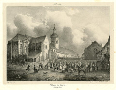 Ancienne abbaye Saint-Colomban - English: The abbey at Luxeuil; in the foreground a procession heads towards an open-air altar at far right; the abbey and its church stand in the background. 1827 Lithograph on chine collé